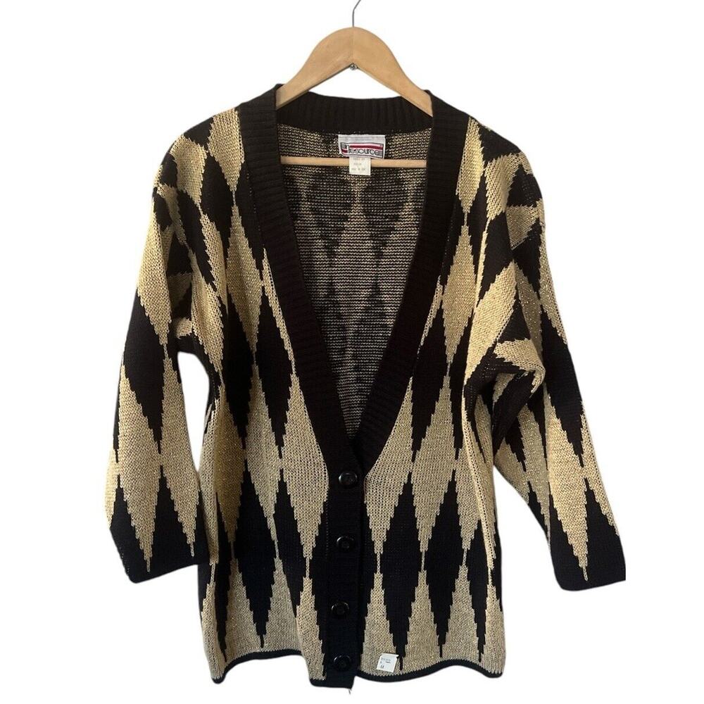 Vintage 90s Dead Stock Gold Metallic Argyle Cardigan Sweater Medium